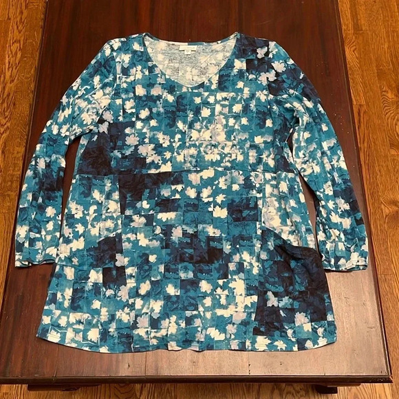 Pure Jill teal and white patterned tunic with pockets size L - Picture 1 of 6